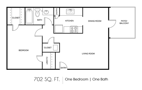 Floor plan for 1 bed, 1 bath, 702 sqft